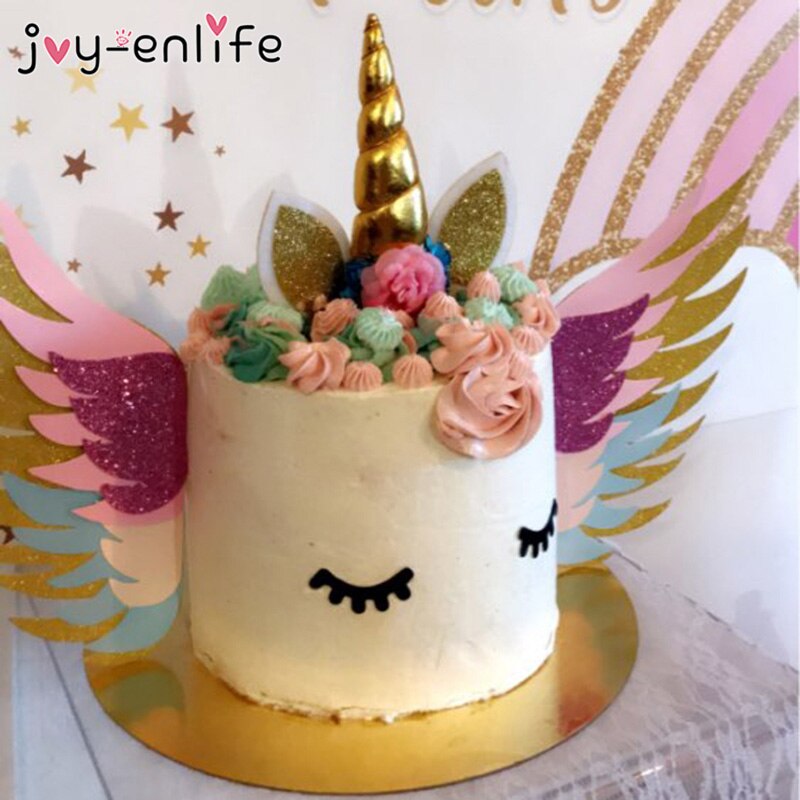1 uppsättning unicorn födelsedagstårta vingar dekor tecknad enhörning tårta toppers födelsedagsfest dekoration barn cupcake wrappers cake topper