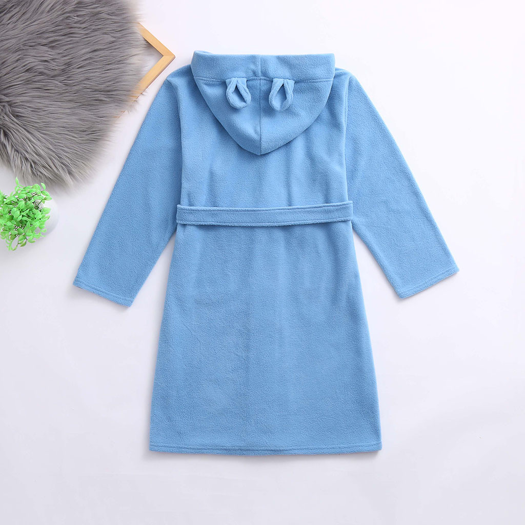 Toddler Boys Girls bathrobes children robe in cotton Solid Hooded Flannel Bathrobes Towel Night-Gown Sleepwear #WS: Sky Blue / 7