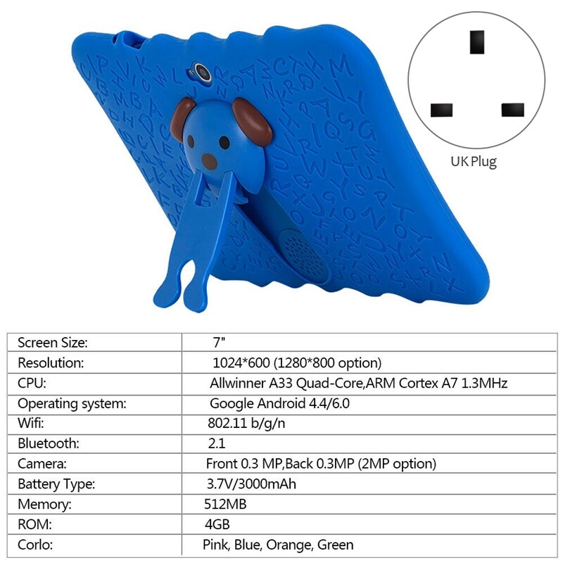 7 inch android kindertablet met dubbele camera, wifi, educatief spel voor jongens en meisjes (britse stekker)
