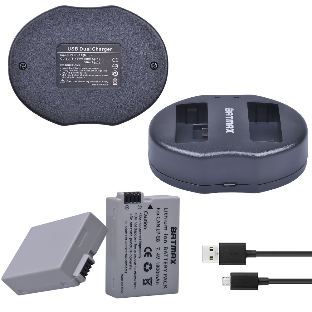 Batmax 2pcs LP-E8 LPE8 LP E8 Camera Batterij + Dual USB Oplader voor Canon EOS 550D 600D 650D 700D rebel T2i T3i T4i Kus X4 X6i: 2B with charger