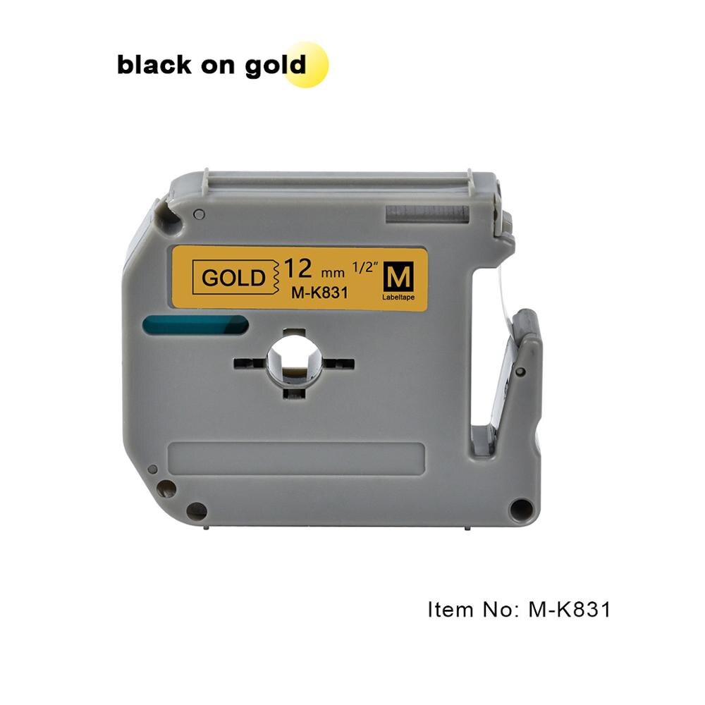 12mm flerfarvede etiketbånd som m -k131 m-k231 mk231 mk 431 mk531 mk-631 kompatibel brother p-touch labelprinter til pt -80 pt-70: Sort på guld