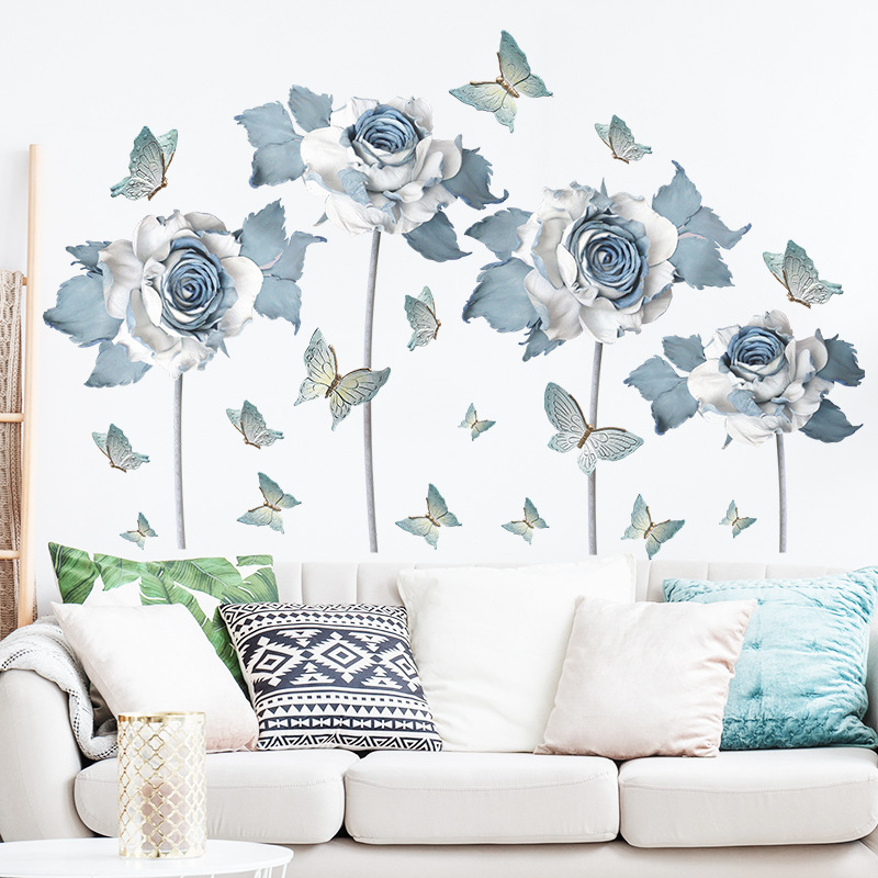 Painted Blue Flower Butterfly Wall Sticker Bedroom Living Room Home Decor Wallpaper Blue Flower Art Self Adhesive Decals Sticker
