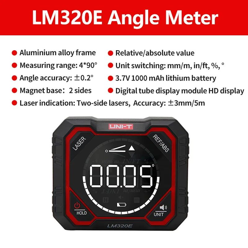 UNI-T LM320D LM320E LM320F Magnetic Inclinometer Angle Finder Digital Level Protractor 4*90 Degree Ruler Inclinometro: Red