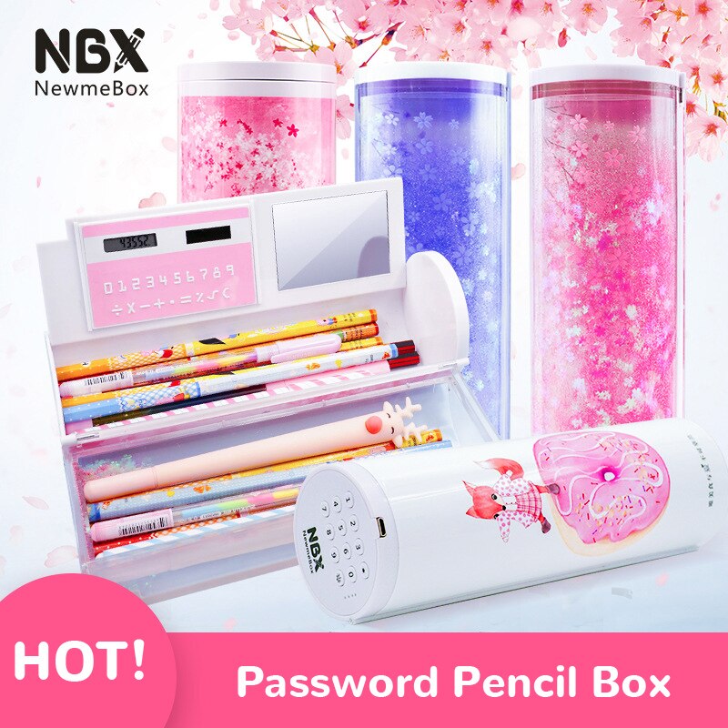 Pencil Case Kawaii Translucent Quicksand NBX Solar Calculator Pencil Box Estojo Escolar School Supplies Password Estuche Escolar