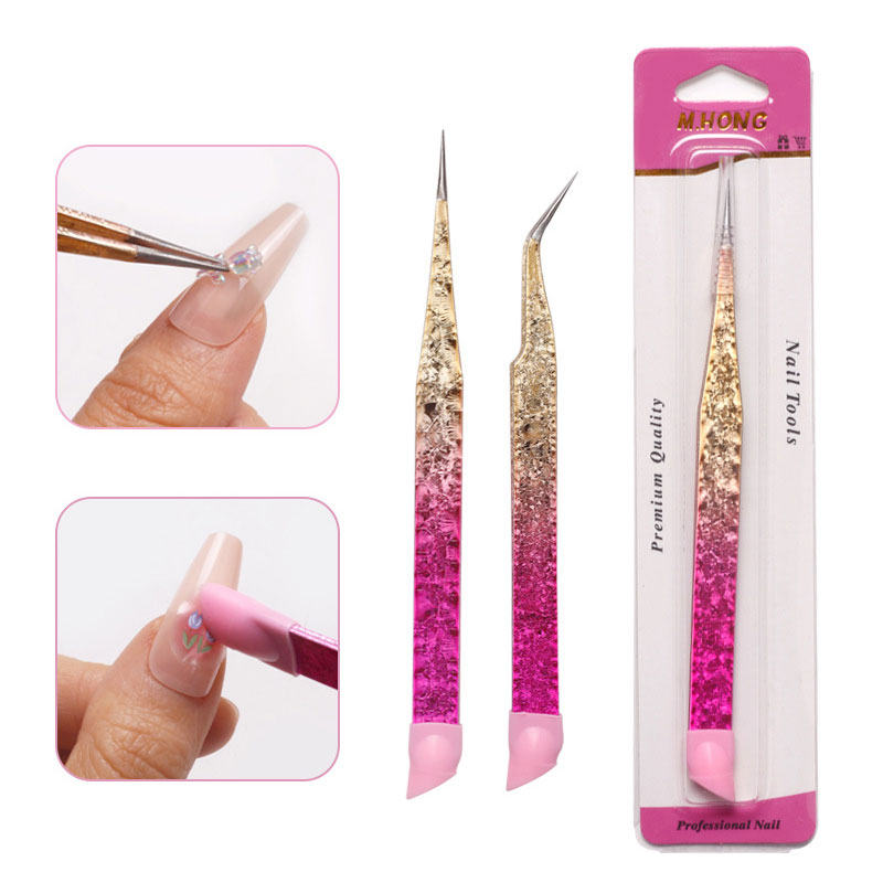 Pinzas para decoración de uñas de doble punta, con cabezal de presión de silicona, pegatina de diamantes de imitación, herramienta de selección, pinzas para pestañas de acero inoxidable, 1 ud.