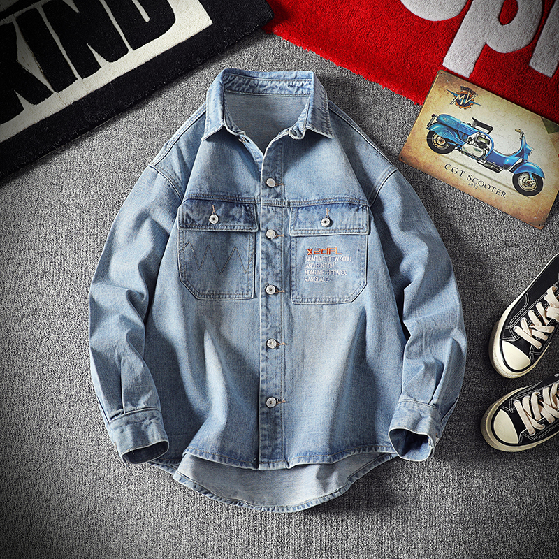 Fashionable men's denim shirt long-sleeved large size cotton denim cardigan casual slim-fit shirt men's two pockets clothes 5XL