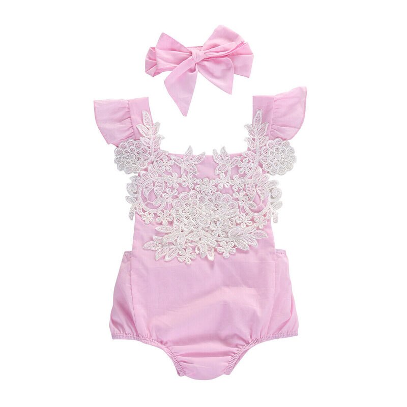 Pasgeboren Baby Baby Meisje Bodysuits Mouwloze Kant Bloemen Jumpsuit met Hoofdband Outfits Set Kleding