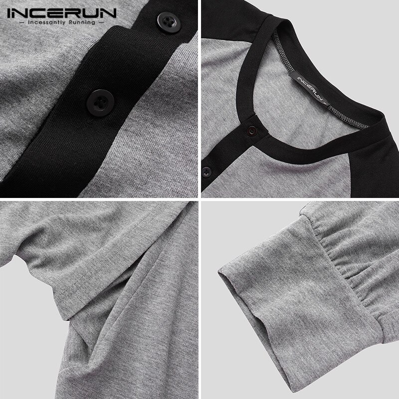 Men Pajamas Jumpsuits Patchwork Long Sleeve Homewear O Neck Cozy Rompers Button Up Casual Mens Playsuit Sleepwear S-5XL INCERUN