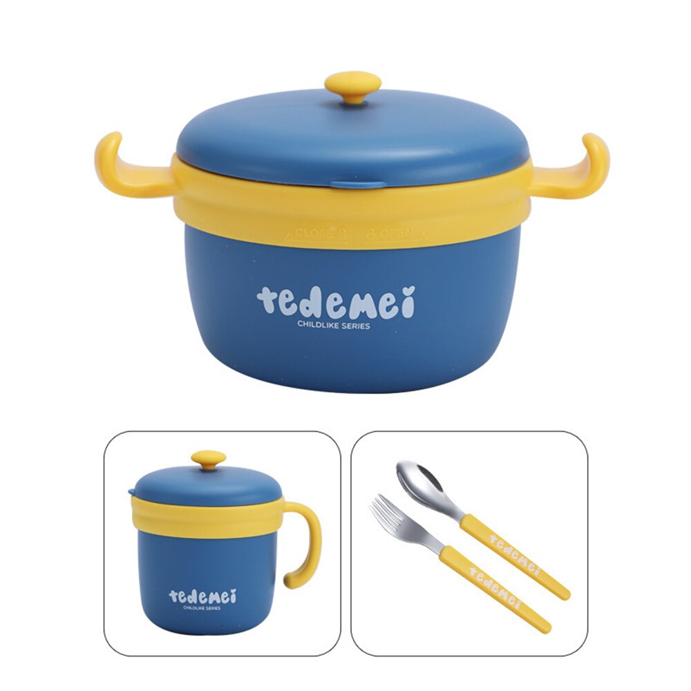 Baby Veilig Dineren Plaat Kinderen Gerechten Training Servies Kids Feeding Bowls 304 Roestvrij Staal Thermische Lunchbox Melk Cup: Blue  Bowl    Cup