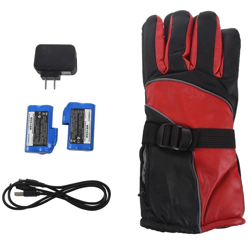 Lithium Battery Charging Electric Heating Gloves Heating Gloves Winter Outdoor Sports Waterproof Gloves Red US Plug