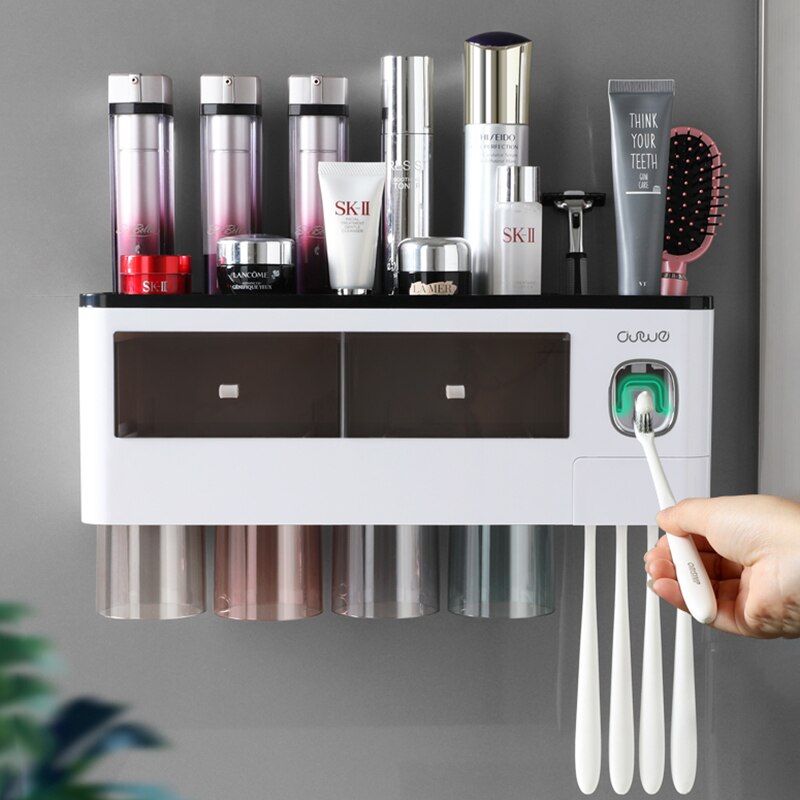 Guret magnetisk tandbørsteholder til badeværelsetilbehør automatisk tandpasta squeezer dispenser vægmonteret opbevaringsstativ