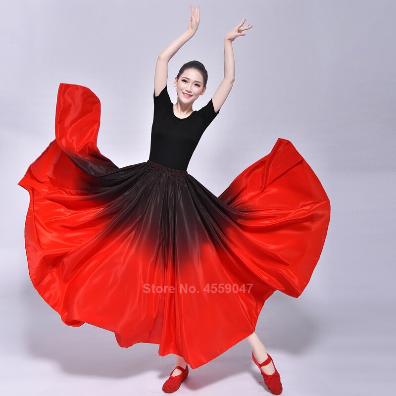 Spaanse Flamenco Rok Vrouwen Gradiënt Fading Kleur Smooth Glossy Luxe Elegante Grote Swing Dance Kostuum Meisjes Buik Maxi Jurk: Black to red / 4XL