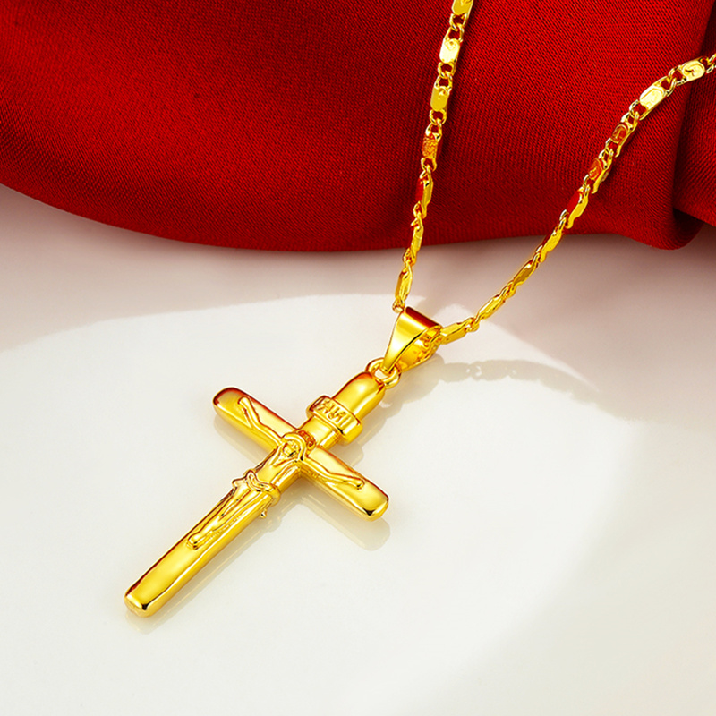 Collier couleur or 24 carats, pendentif croix, pour femmes/hommes, collier de Couple, bijoux
