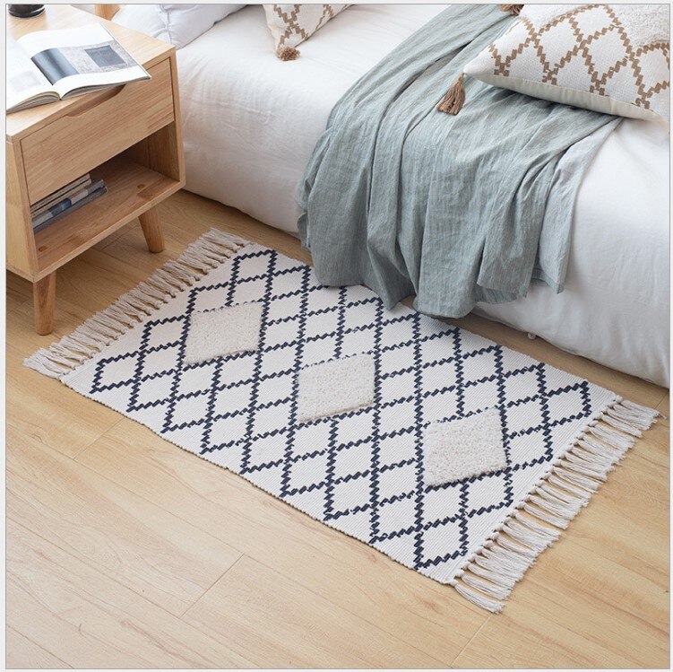 Alfombra con borlas de color azul marino marroquí, alfombra geométrica de algodón para puerta, Charpet, alfombra, alfombrillas para cocina, dormitorio, bar, 60x90cm