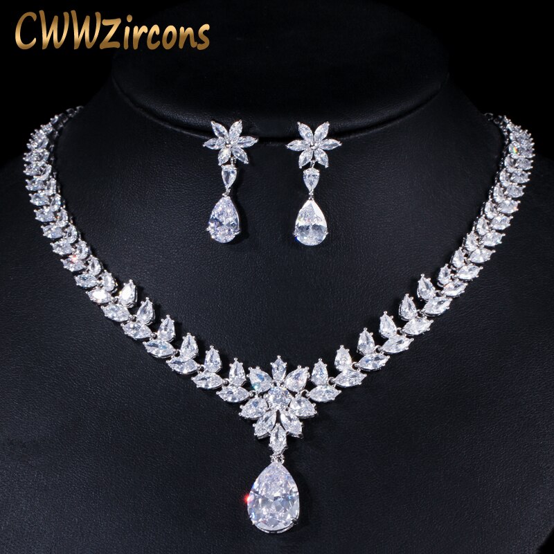 CWWZircons Luxus Braut Schmuck Funkelnden Zirkonia Halskette und Ohrringe Sets für Hochzeit Kleid Zubehör T141