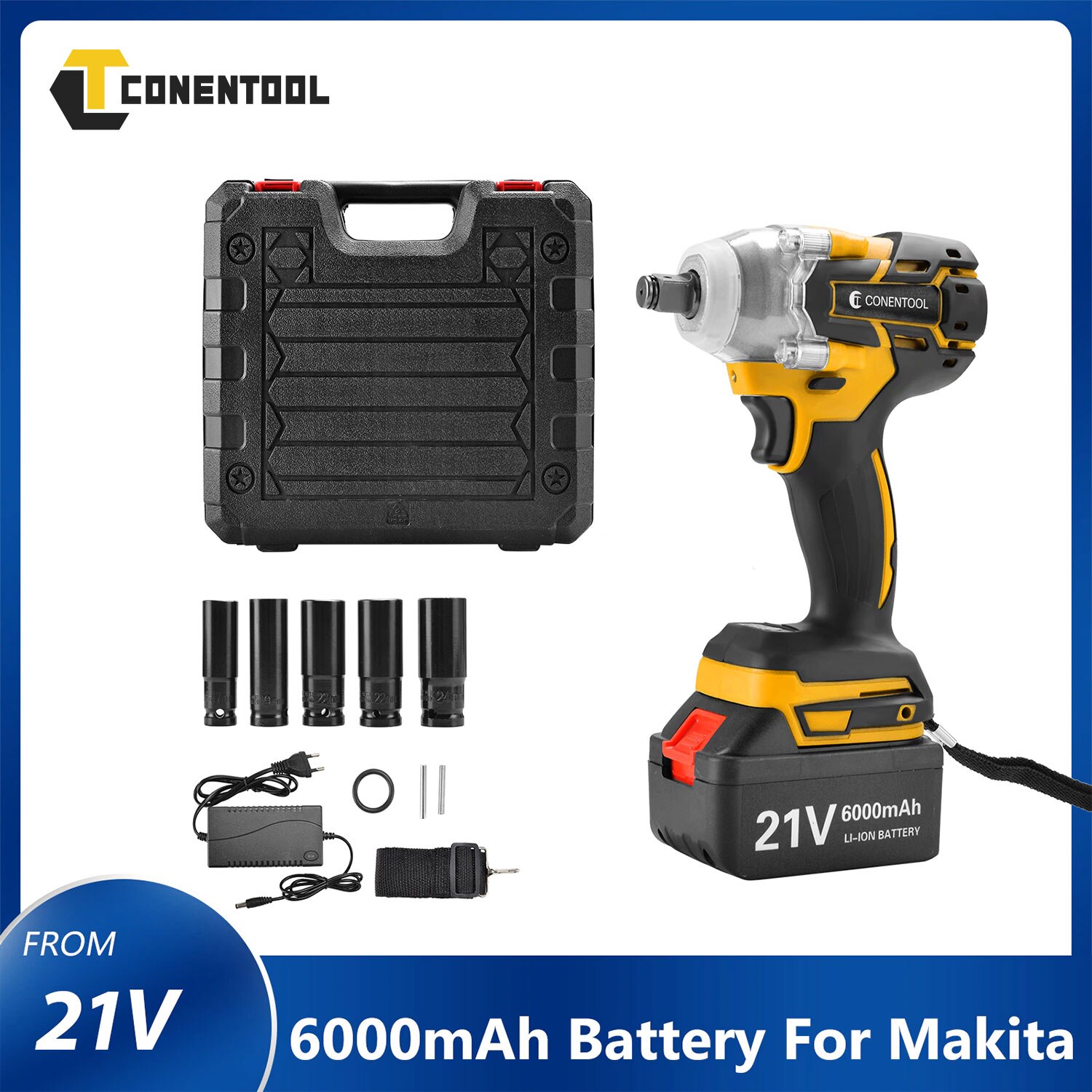 CONENTOOL Brushless Cordless Wrench 21V Power Tool 6000mAh Battery For Makita Rechargeable Battery Impact Wrench LED Light