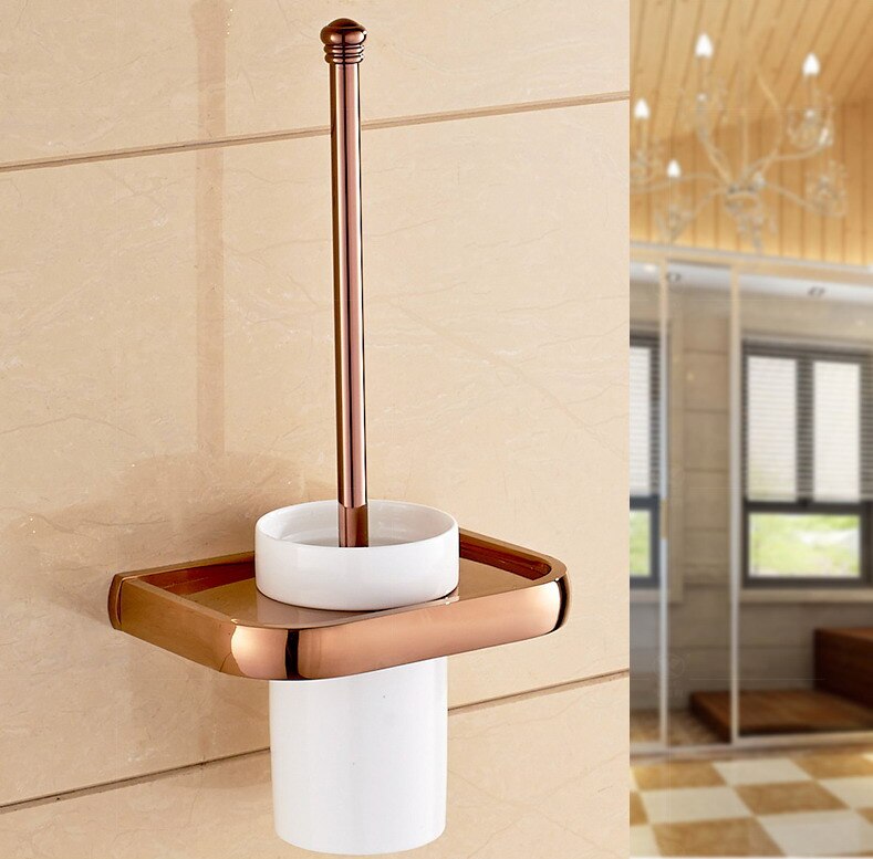 Rose Goud Kleur Messing Vierkante Badkamer Accessoires Handdoek Plank Houder Toiletrolhouder Wall Mounted Bad Hardware Sets: Toilet Brush Holder