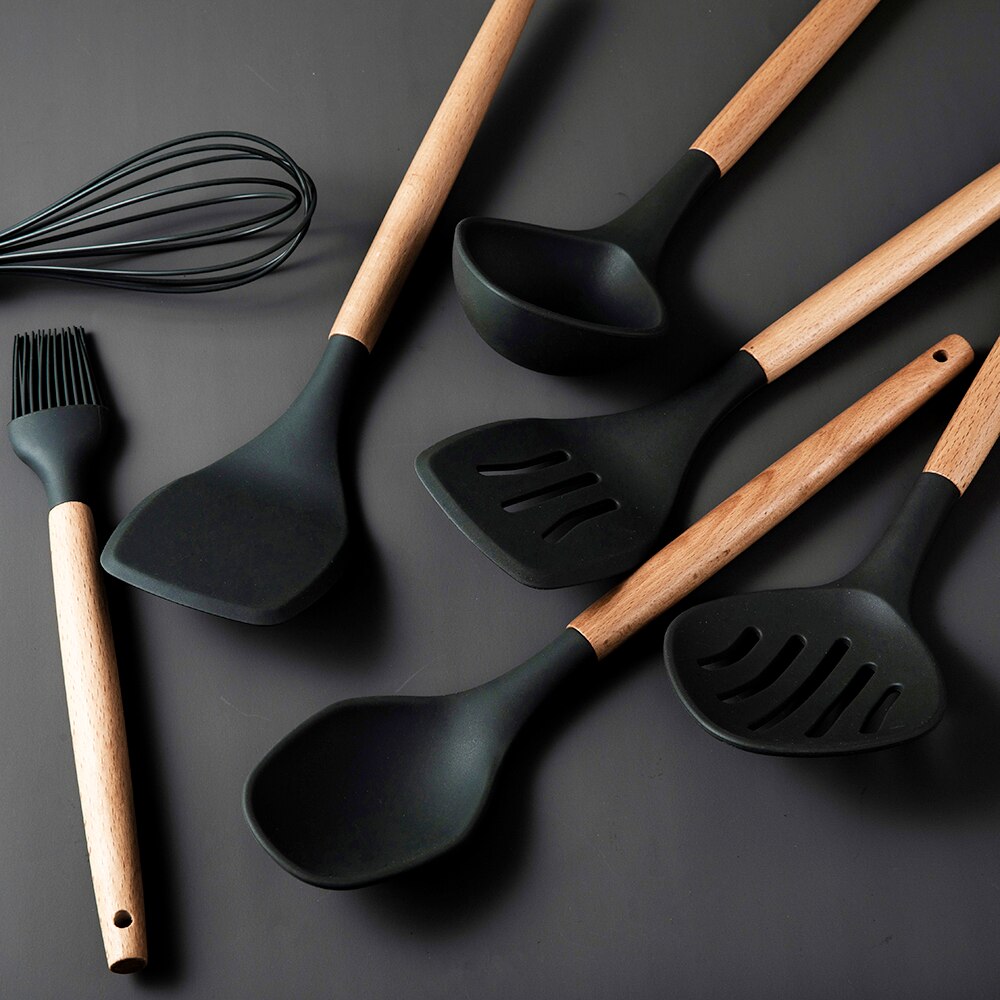 Juego de utensilios de cocina de silicona, cocina antideslizante con mango de madera con cubo de almacenamiento, cuchara, utensilios de cocina creativos