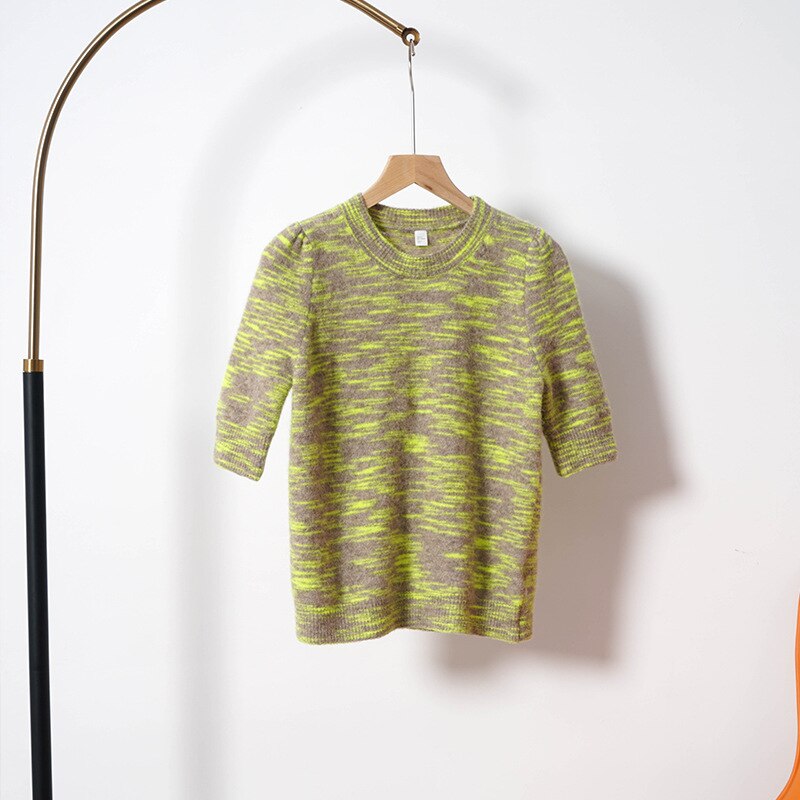 Women Sweater Autumn Product Puff Sleeve Knit Short Sleeve Alpaca Wool Sweater Top Women: Color mixing / M