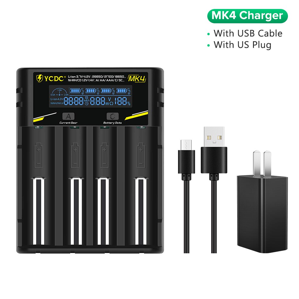 Universele Batterij Oplader Voor 18650 26650 21700 18350 Aa Aaa 3.7V/3.2V/1.2V Nimh 18650 batterij Usb Smart Charger: MK4 with US Plug