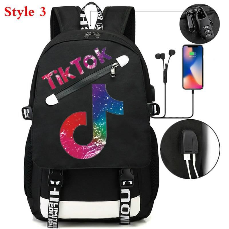 TIK TOK Women Backpack USB Charge Computer Backpack Waterproof School Bag for Teenagers Girls Boys Daily TIK TOK Mochilas: black