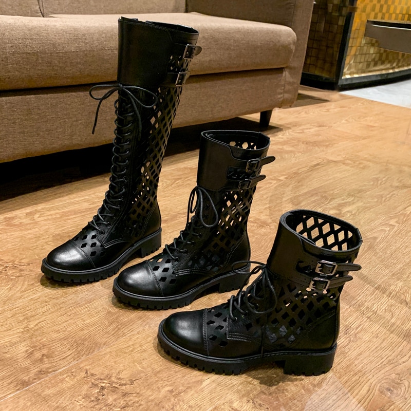 Svarte støvler punk motorsykkel støvler til kvinner hule knehødu støvler sommer snøre lange støvler damesko femmes bottes