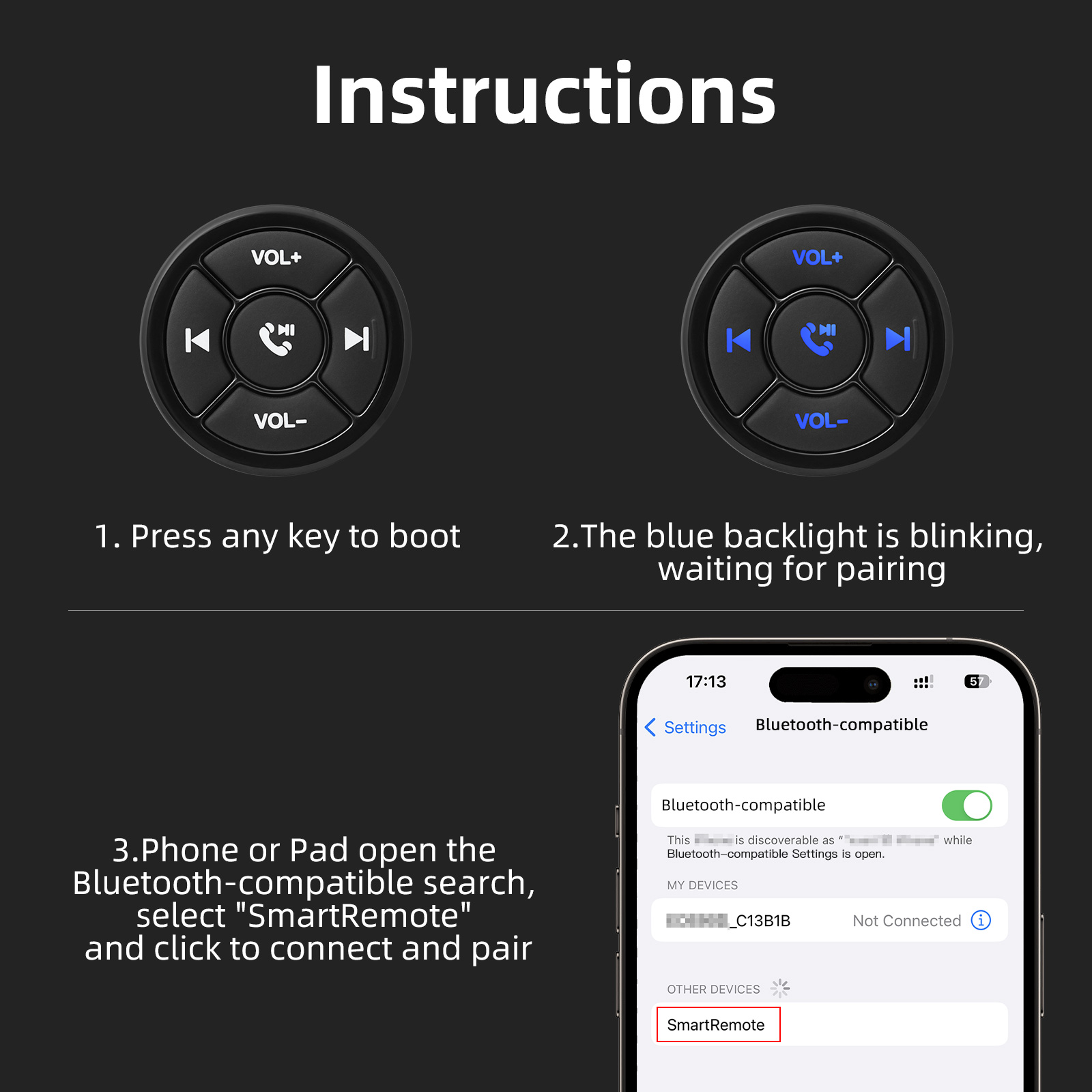 Botón multimedia inalámbrico de 5 teclas, mando a distancia para coche, motocicleta, bicicleta, volante, reproductor de música para teléfono Android IOS K0182