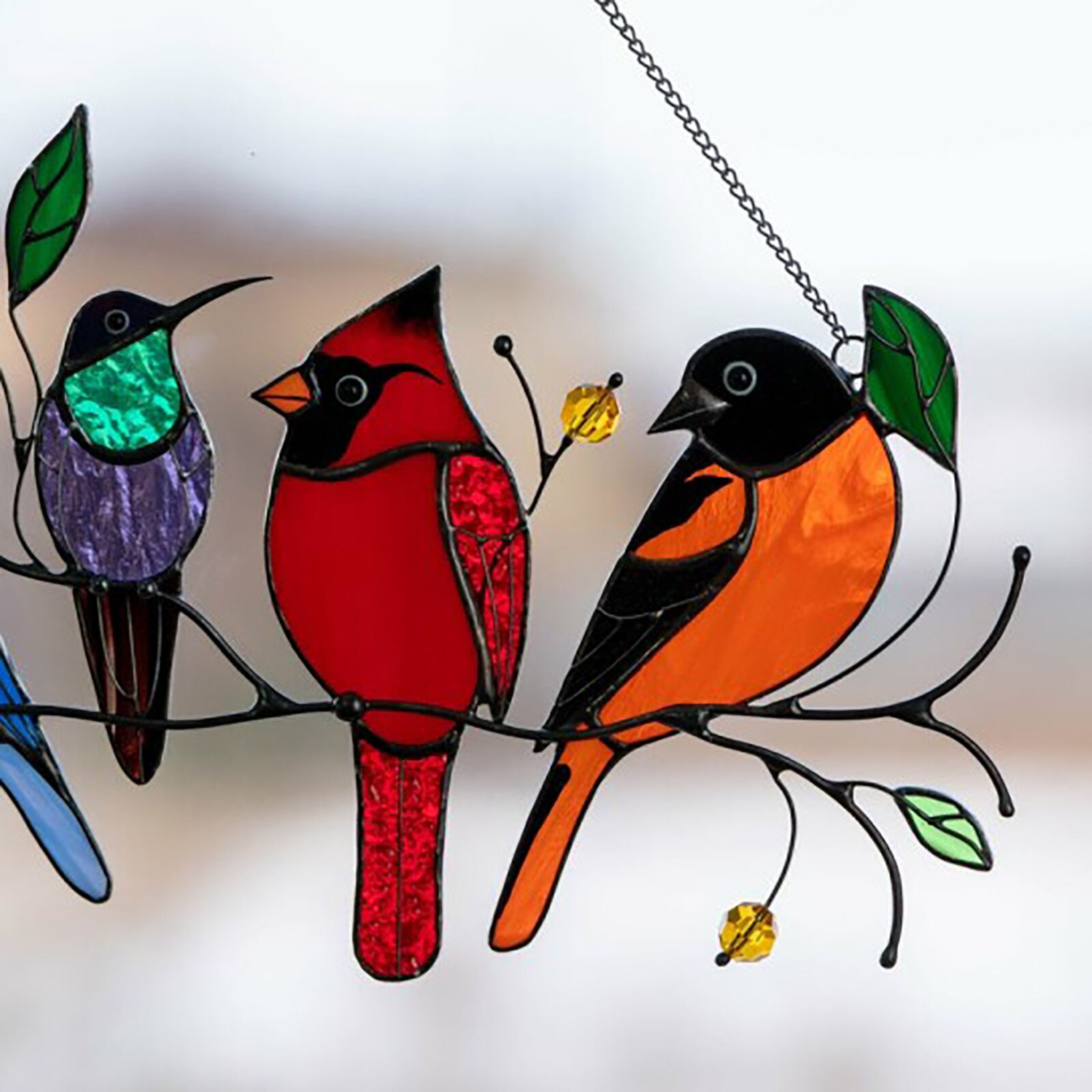 Spring Birds Style Glass Window Panel 7 Birds Stained Glass Window Hangings Panel 7 Birds on a Wire Spring Style Parrots Hinging