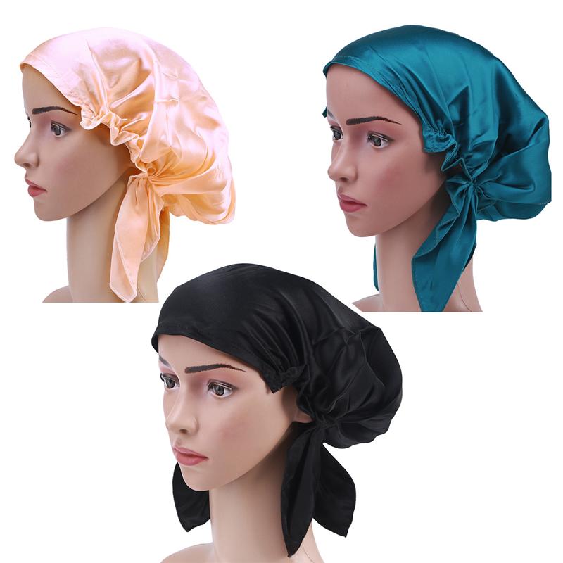 Mulberry Silk Night Sleeping Cap Long Hair Bonnet Smooth Soft Hat for Women Girls(Black/Blue/Pink)