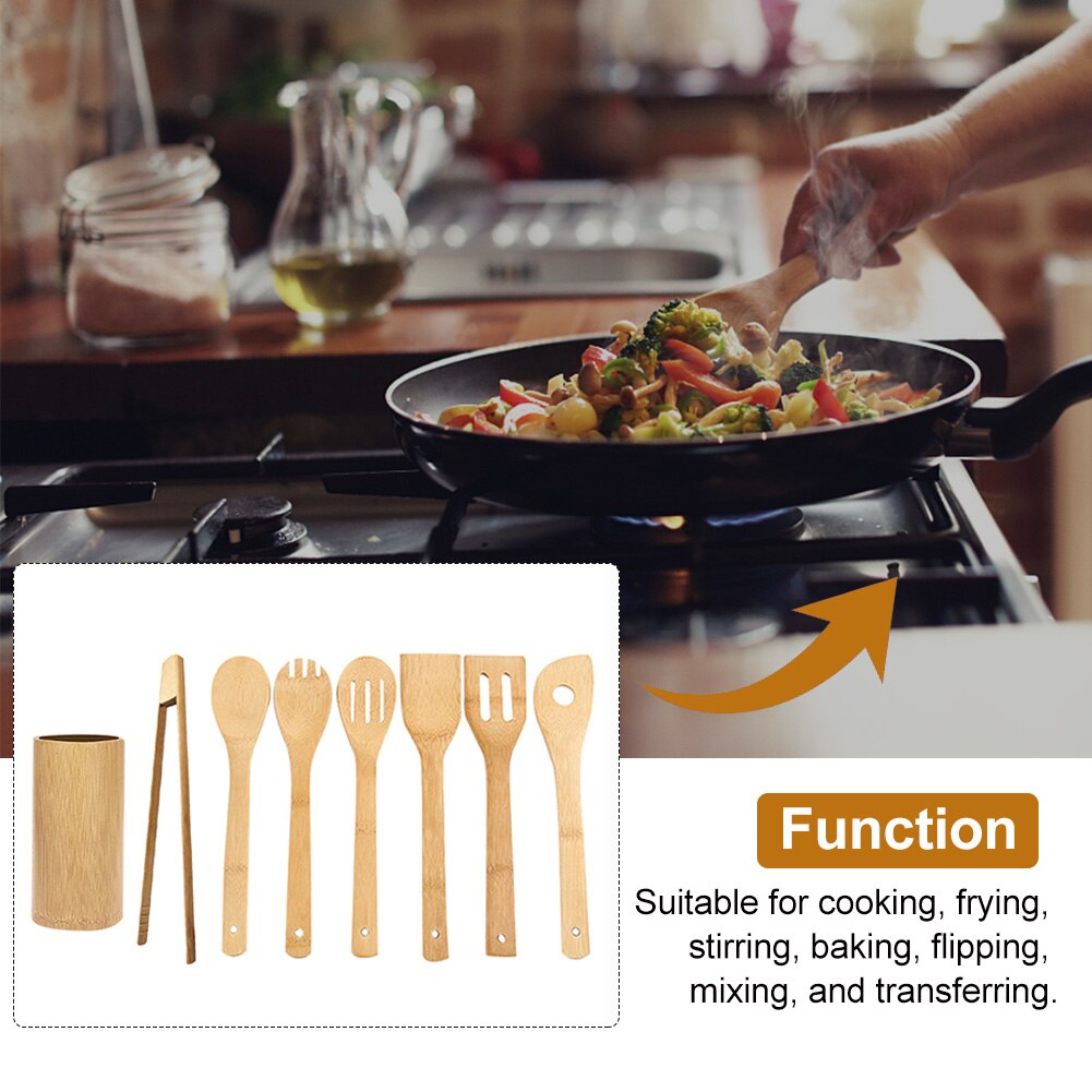 Easy Clean Multifunctional Mixing Kitchen Utensil Set Home For Cookware With Holder Flipping Spatula Stirring Spoons Bamboo