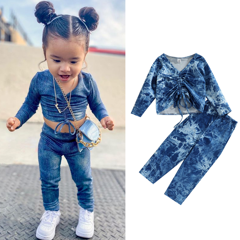 Citgeett Spring Kids Girls 2pcs Clothes Sets Tie Dye Printed Long Sleeve Bandage T Shirts+Pants Clothing Suit