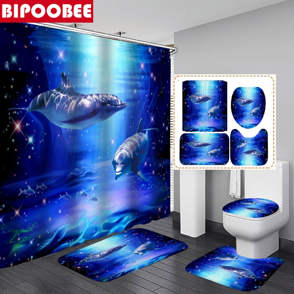 Deep Ocean Dolphin stampa 3D tende da doccia in tessuto impermeabile Set tenda da bagno copriwater tappetino antiscivolo tappeto decorazioni per la casa