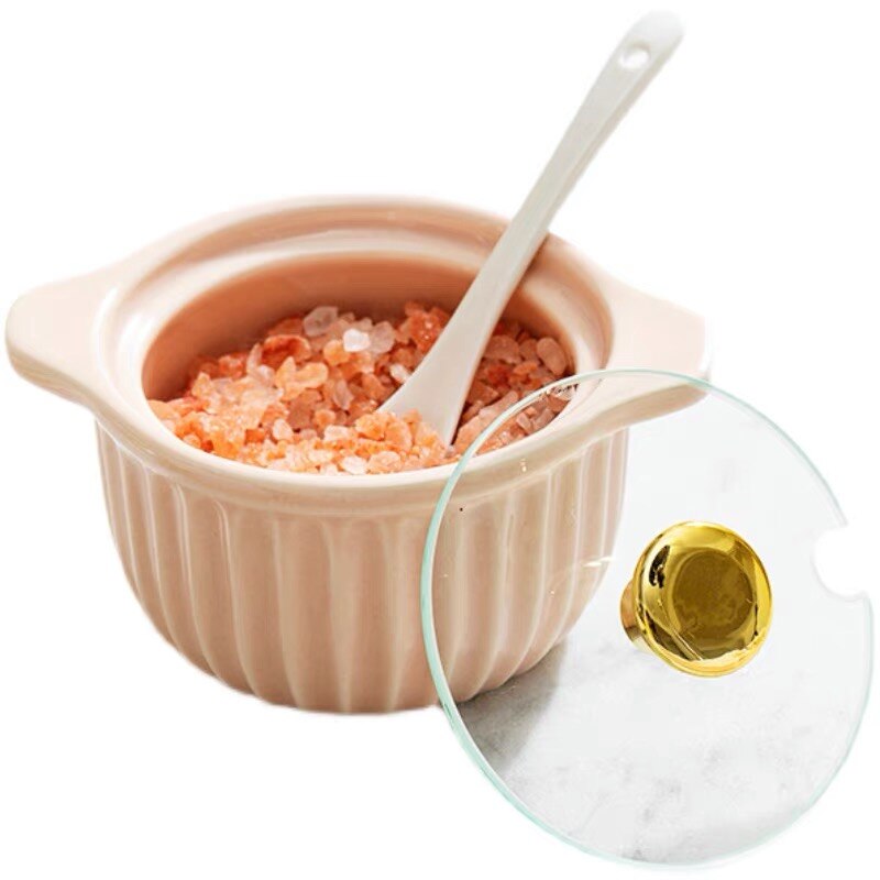 Juego de cuencos de cerámica con tapas y cuchara para azúcar, juego de tarros de especias para condimentos de lujo, contenedor de almacenamiento de azúcar para cocina y Hotel