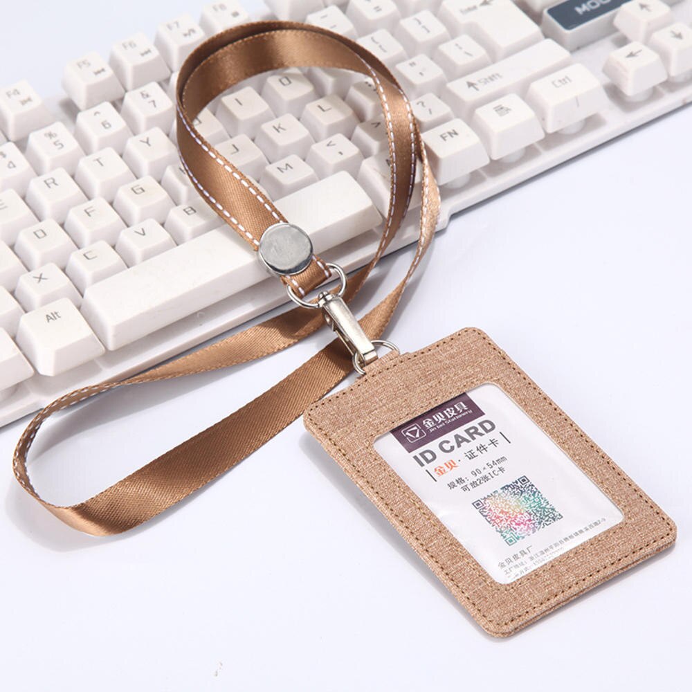 Id Badge Houder Intrekbare Lanyards Lederen Porte Bus Pass Case Cover Slip Mannen Vrouwen Bank Credit Kaarthouder Strap kaarthouder: Beige