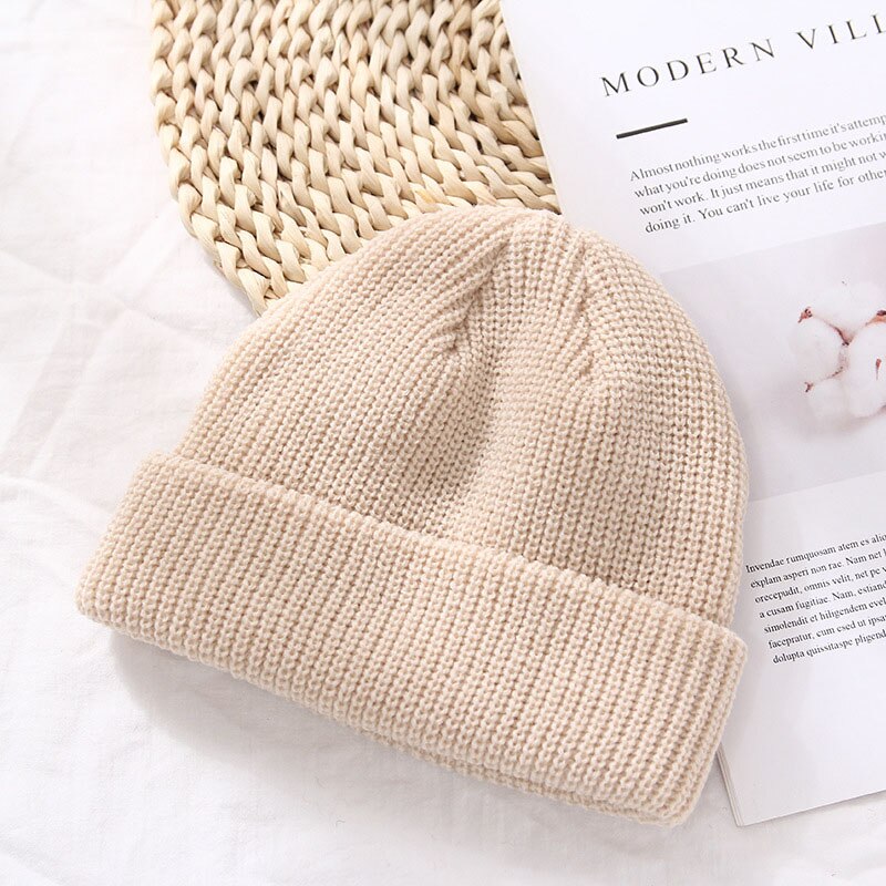 Vinter hue i jordfarvet uld skullies strikkede huer vinterhuer til mænd og kvinder varm ski hip-hop melon kasket: Beige