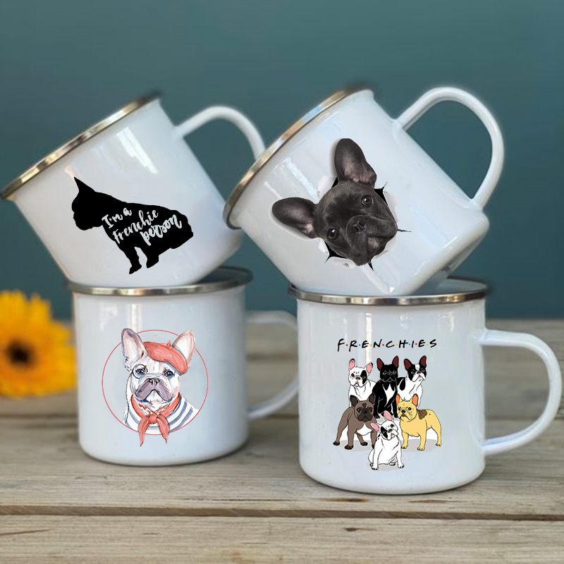 Taza de esmalte con estampado de Bulldog Francés, tazas creativas de café, bebidas, postres, desayuno, leche, tazas Vintage con asa, los mejores