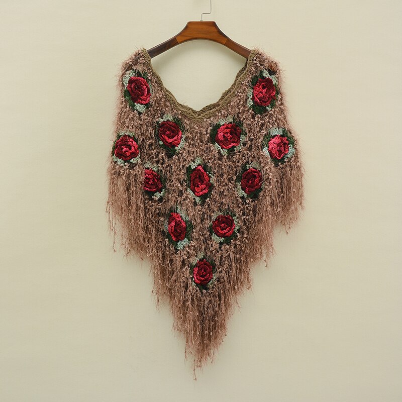Herfst Winter Vrouwen Poncho Cape Handgemaakte Gehaakte Hollowout Lady Trui Wrap Sjaals Kwastje Mode Feme Cape