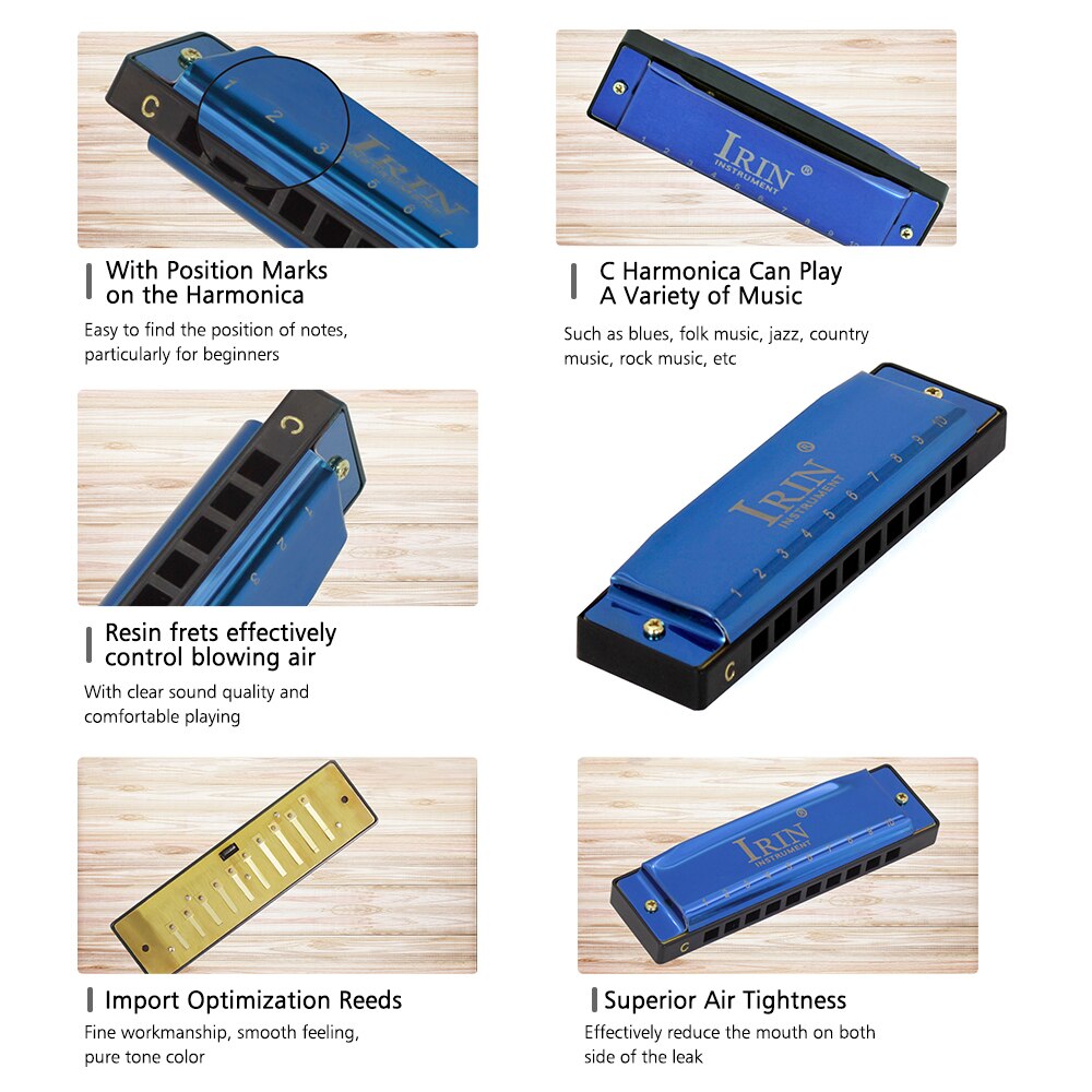 Irin c -160 blues key of c munspel 10 hål 20 låtar mun orgel koppar munspel med box blåsinstrument blå/svart
