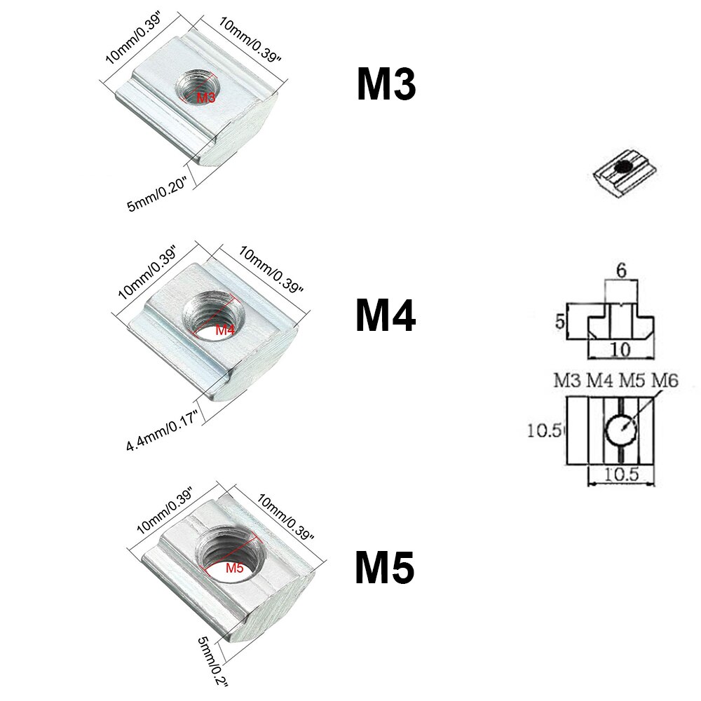 100pcs/set M3 M4 M5 T Slide Nut Fastener Galvanized T-Slot Nuts for 20 Series Aluminum Extrusion Profile