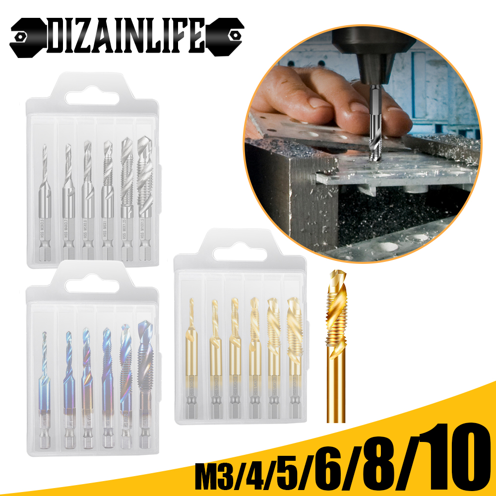 DIZAINLIFE M3 M4 M5 M6 M8 M10 Titanium Tap Drill Bit Set Hex Shank HSS Screw Thread Metric Combination Drill Bits Compound Tools