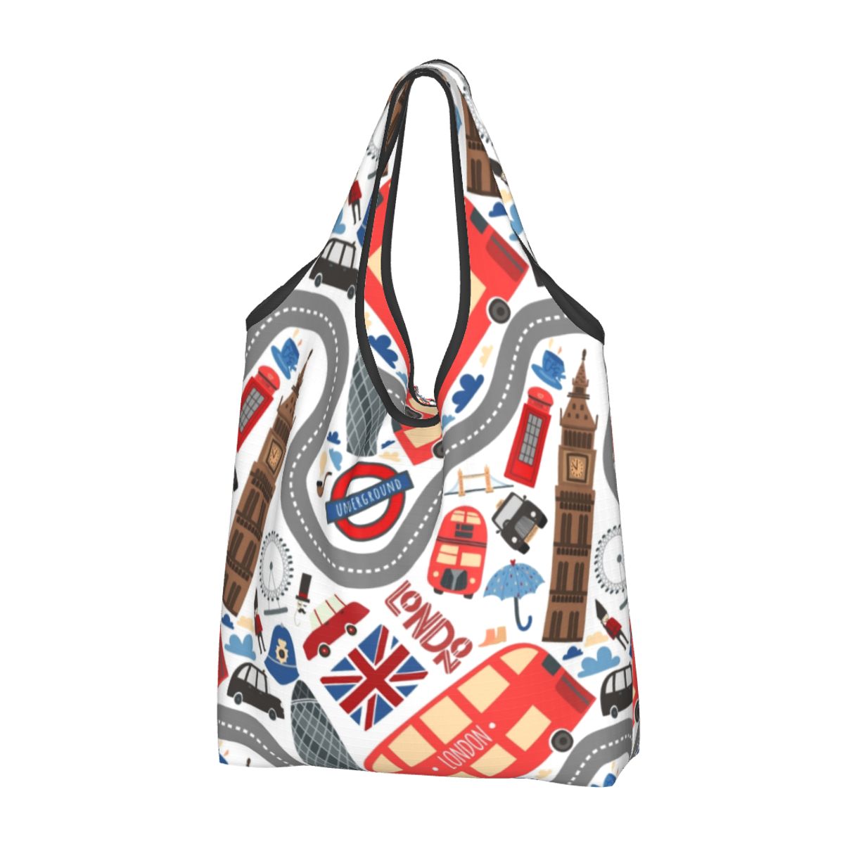 Aangepaste Britse vlag Londen rode bus auto boodschappentas mode shopper Tote schoudertassen draagbare handtas met grote capaciteit: GRIJS