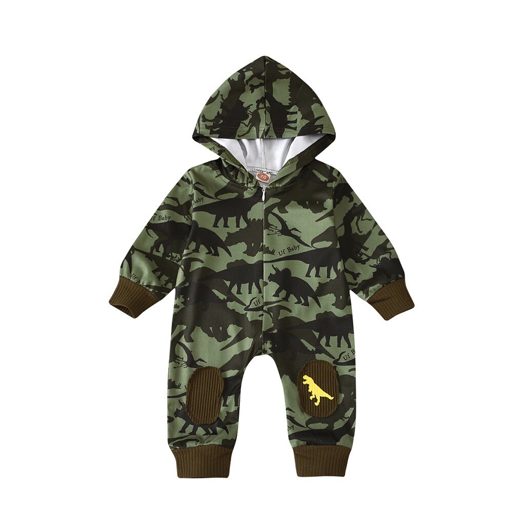 Mode Pasgeboren Baby Baby Jongens Meisjes Lange Mouwen Dinosaurus Gedrukt Hooded Rits Romper Jumpsuit Speelpakje Outfits Kleding # P4: Army Green / 24M