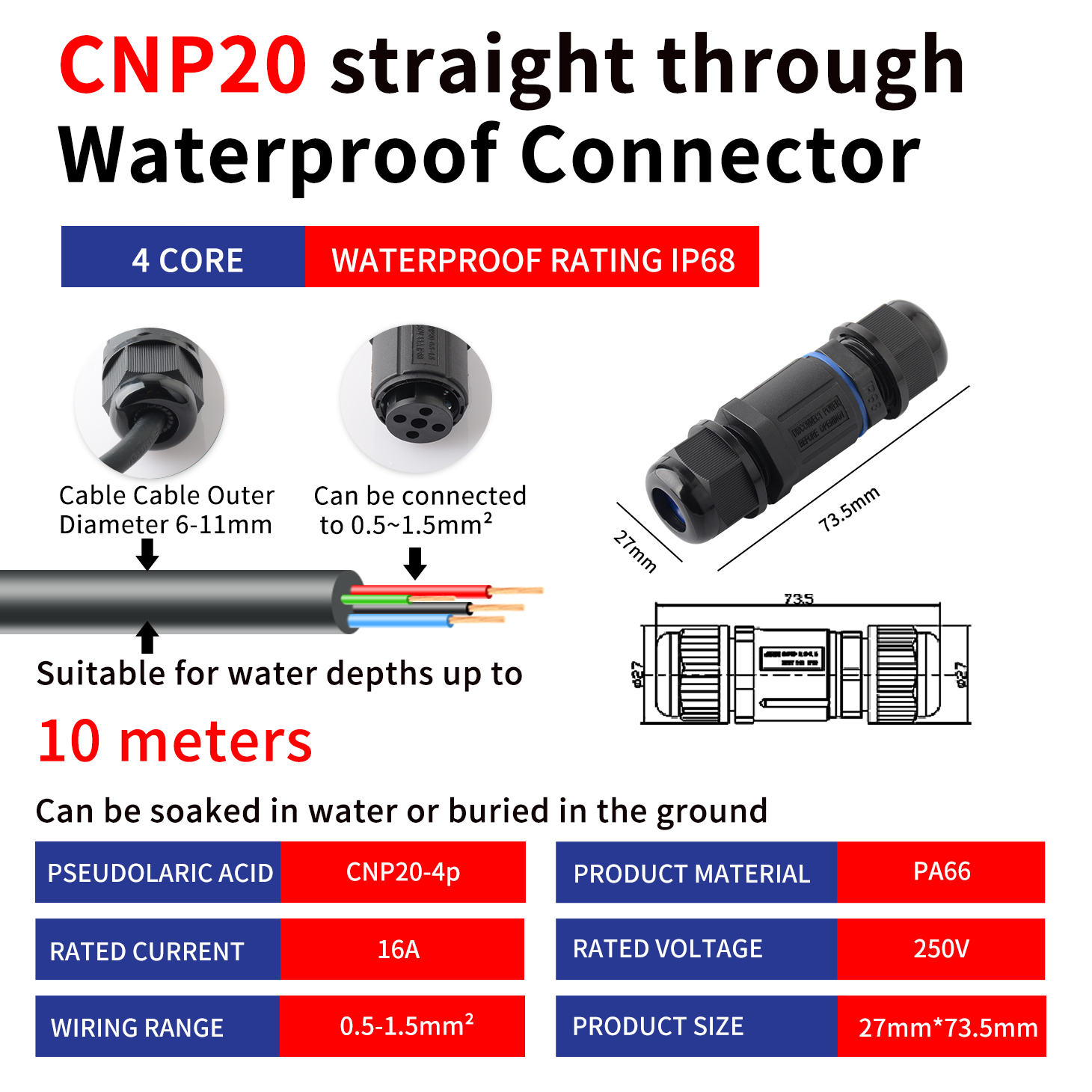 JINH IP68 CNP 20 waterdichte verbindingskabel snelkoppelingen aansluitbouten handig regendicht recht aanpassen draden blauw Pa66 16A: Donkergrijs