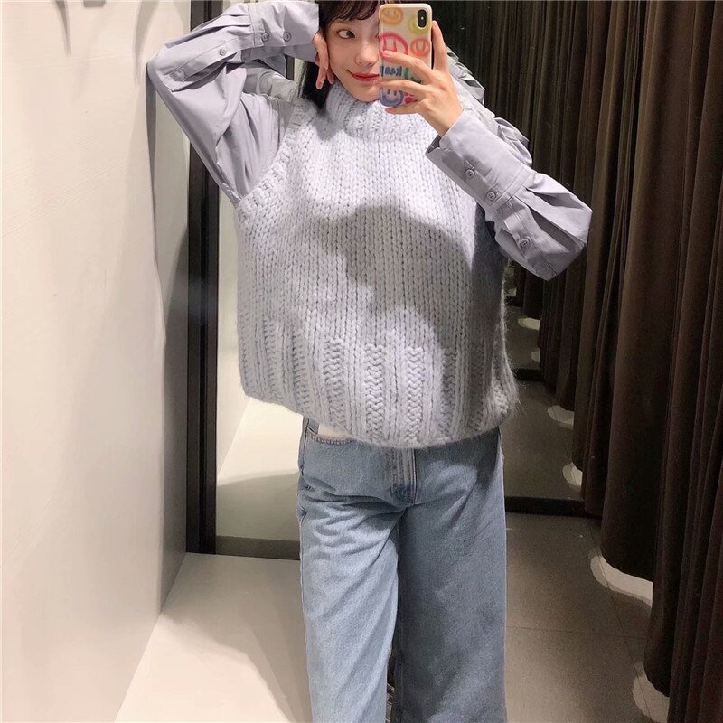 Za-suéter de punto para mujer, chaleco sin mangas con cuello redondo, ropa de calle, Top de punto para mujer, suéteres informales de para Otoño e Invierno