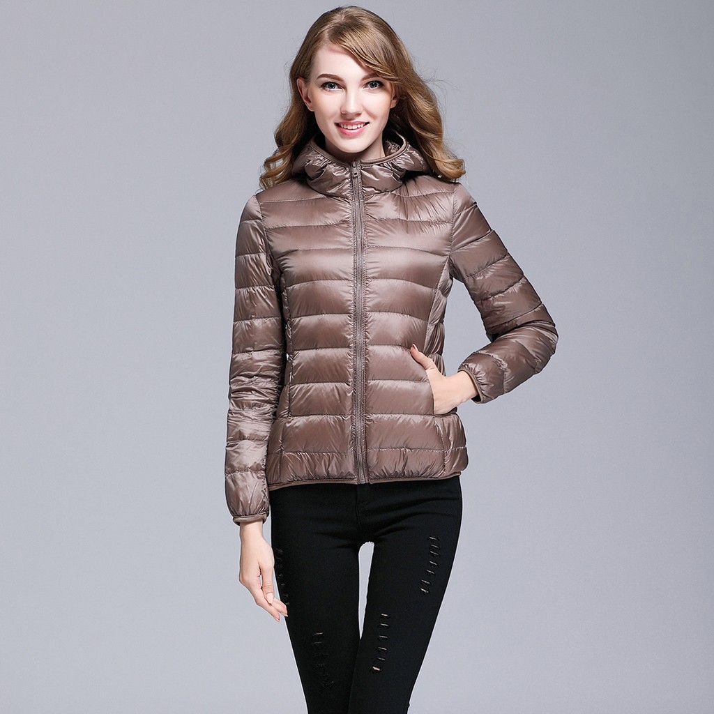 Winter Coat Women Ultra Light Down Jacket White Duck Down Hooded Jackets Parka Casual Female Long Sleeve Solid Outwear Coat: Khaki / XL
