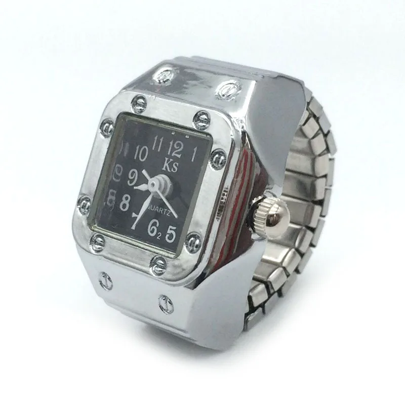 anillo de reloj de dedo de cuarzo Digital para mujeres y hombres, Mini relojes Punk plateados Vintage, anillos, reloj de joyería elástico, divertido: Plata