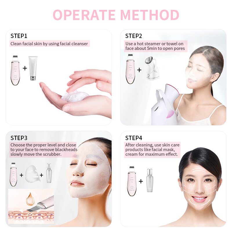 Anlan ultralyd ion rensing blackhead massasje hudscrubber peeling spade ansikts porerens maskin hudscrubber spatel