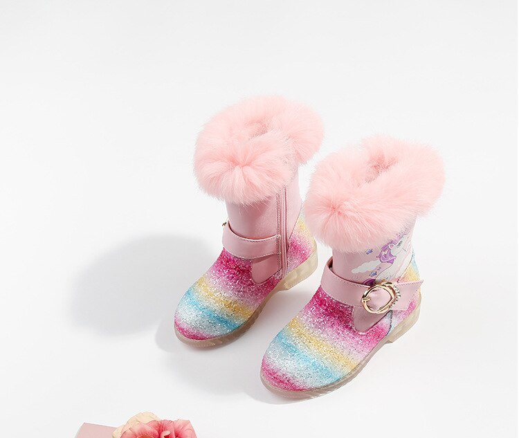 2020 nuove Ragazze Stivali Blingbling Arcobaleno Stivali Inverno Caldo Scintillio Pattini Della Principessa Delle Ragazze metà-alta Stivali Da Neve: rosa boots / 29(18.5cm)