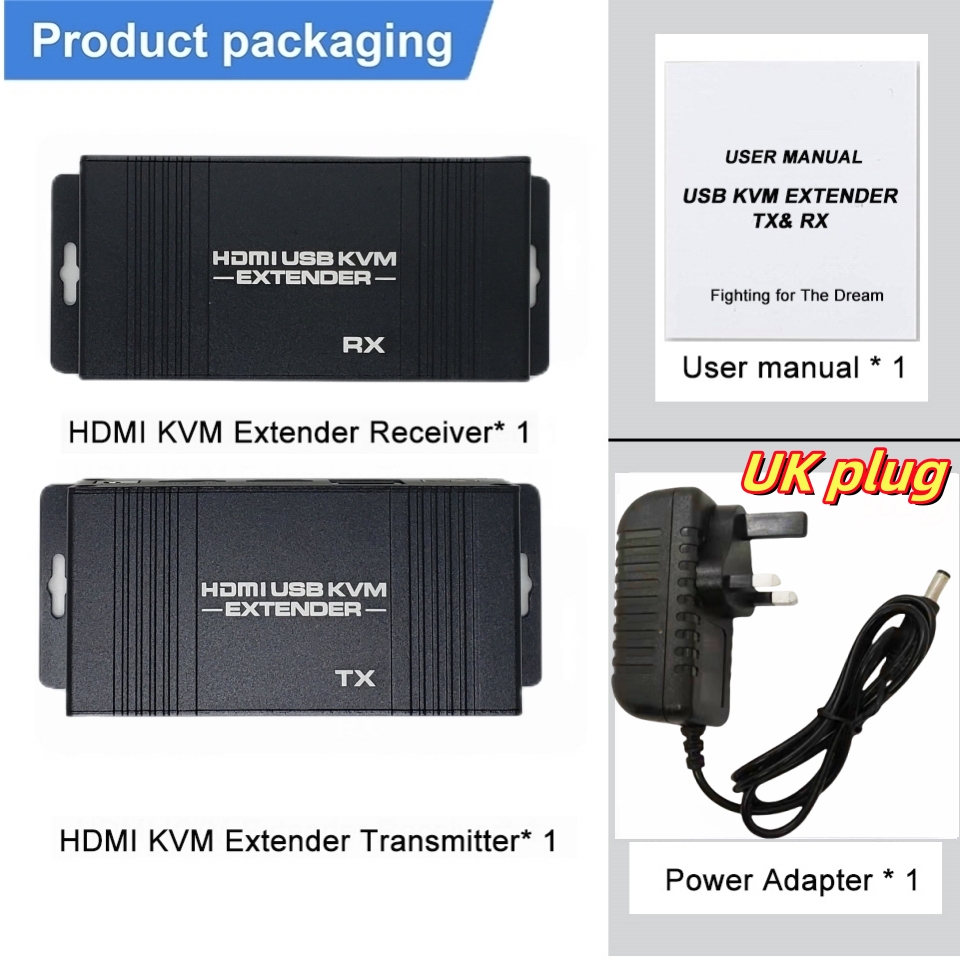 60M HDMI KVM Extender HDMI Extender with USB KVM Control RJ45 60m over IP Cat6 POC Mouse Transmitter Receiver for PC Computer: black