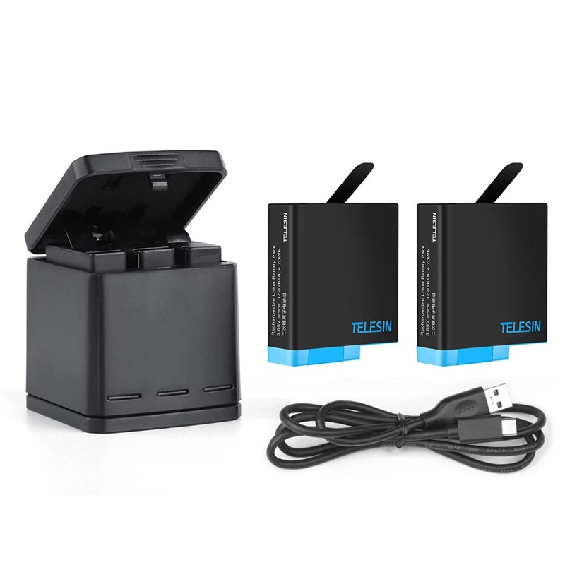 TELESIN – Pack de batteries + boîte de chargement de batterie à 3 fentes, câble USB type-c 2 en 1 pour GoPro Hero 8 7 6 5, accessoires d'appareil photo noir: 1Charger 2Battery